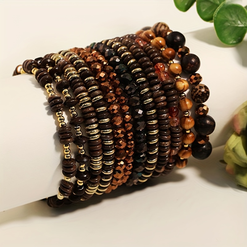 12pc Vintage Brown Layered Bead Bracelet Set